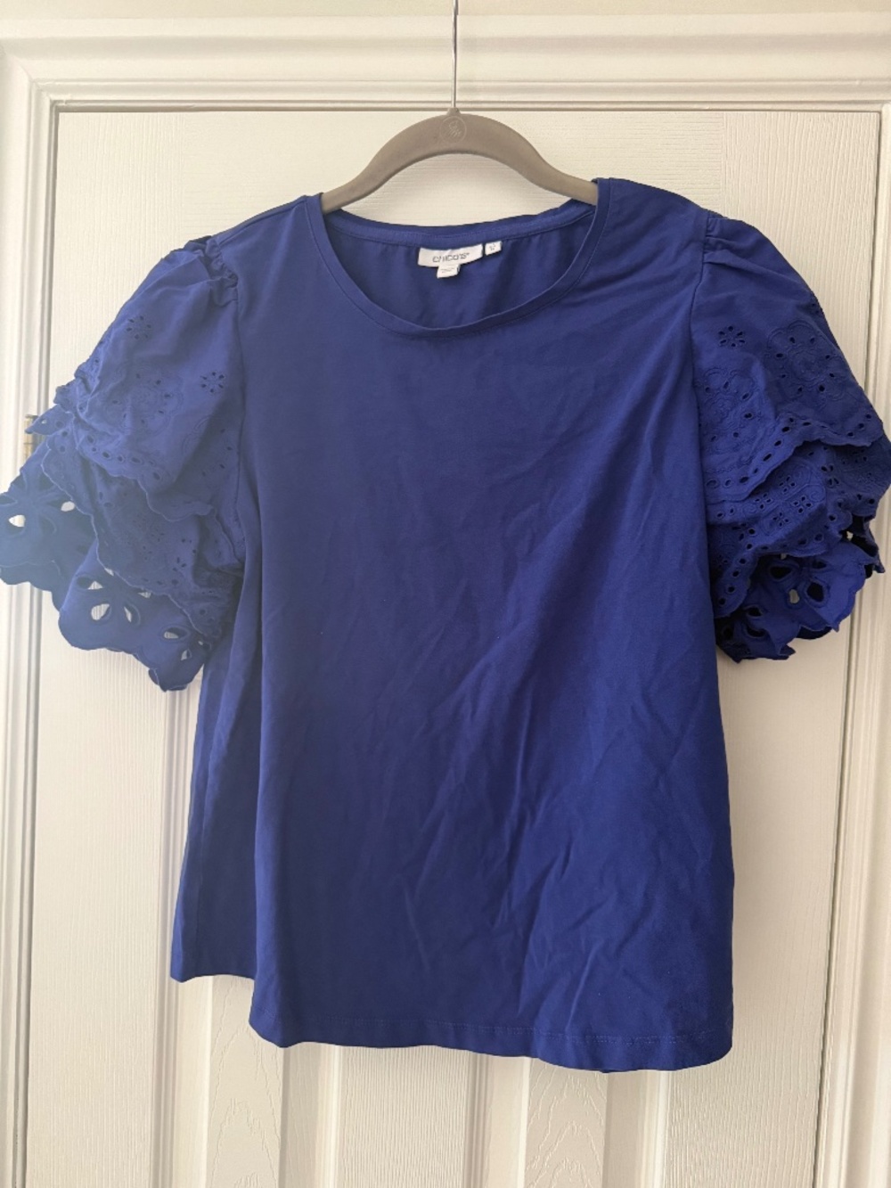 Chico’s Royal Blue Blouse Women’s Size 1(US M) Ballon Embroidered Sleeves